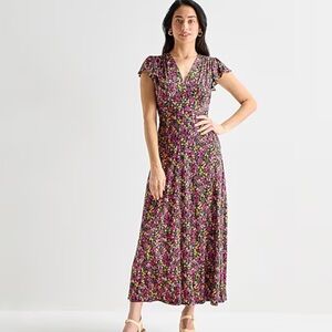 MSK Floral V-Neck Maxi Dress in Black and Pink Sz M NWT